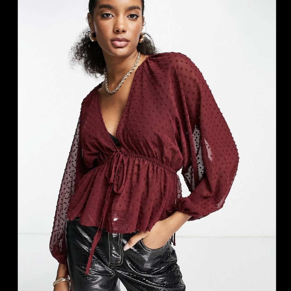 NWOT Asos Burgundy Sheer Tie Front Blouse